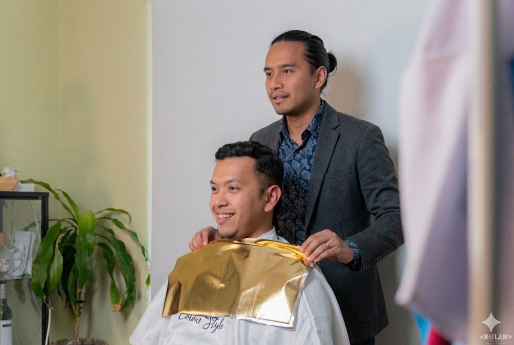 Personal colour analysis session — client being draped with warm coral and gold fabric swatches