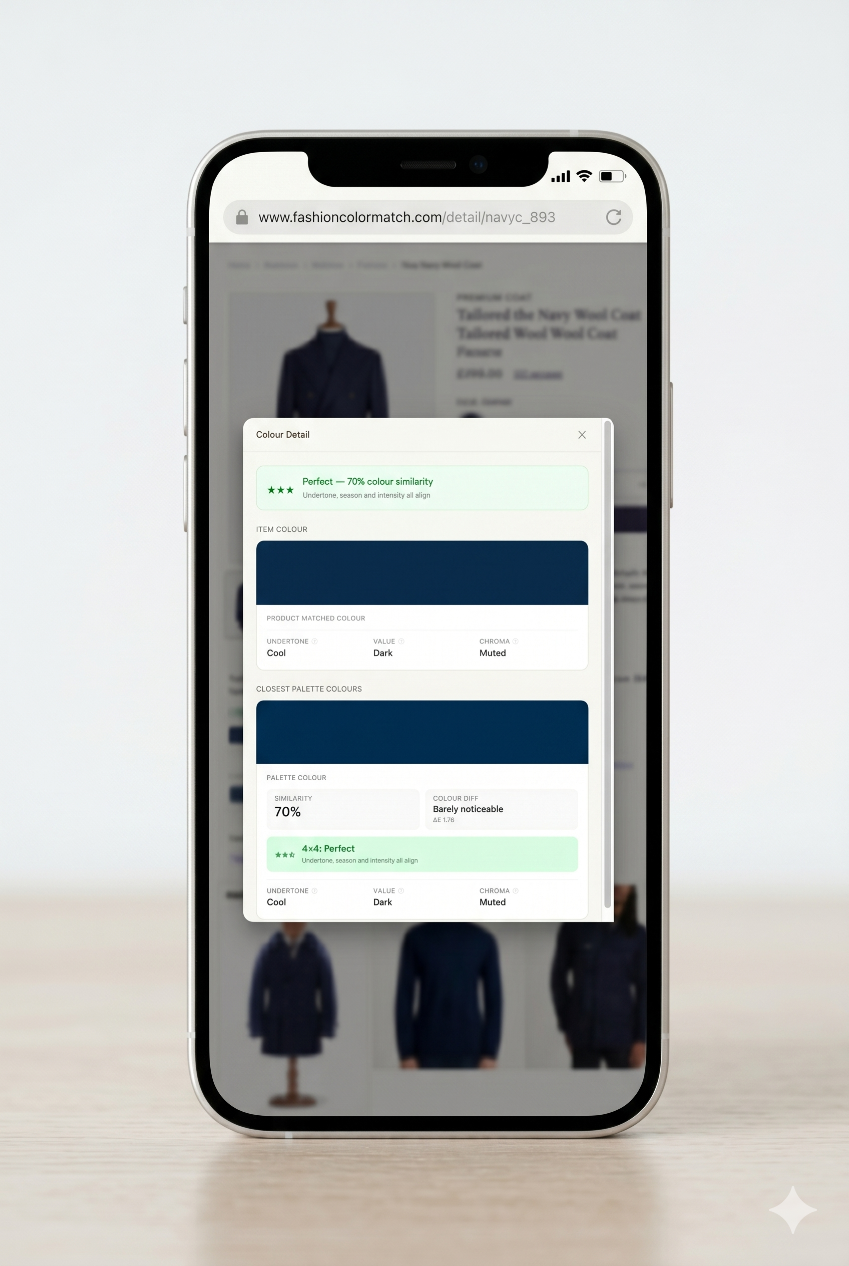 Colour match details showing palette search results